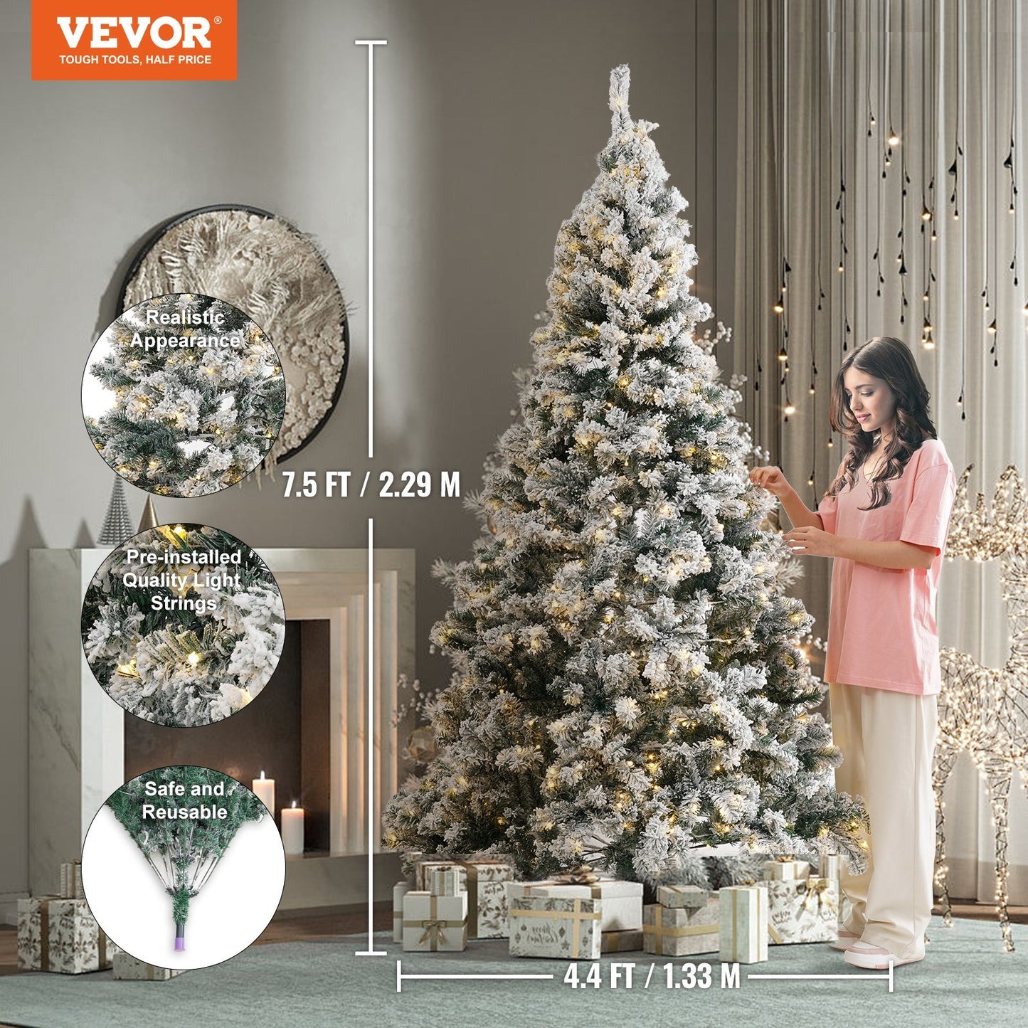 VEVOR Christmas Tree, Full Holiday Xmas Tree with LED Lights, Metal Base for Home Party Office Decoration
