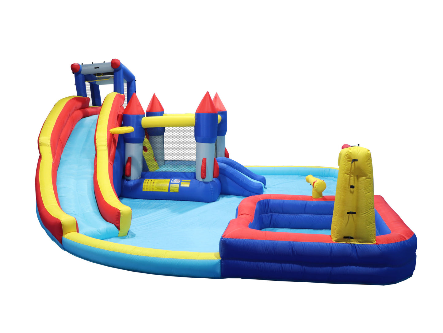 7 in1 Inflatable slide water park trampoline bouncing house yard garden with splash pool & water gun & basketball & climbing wall & dual pools & soccer