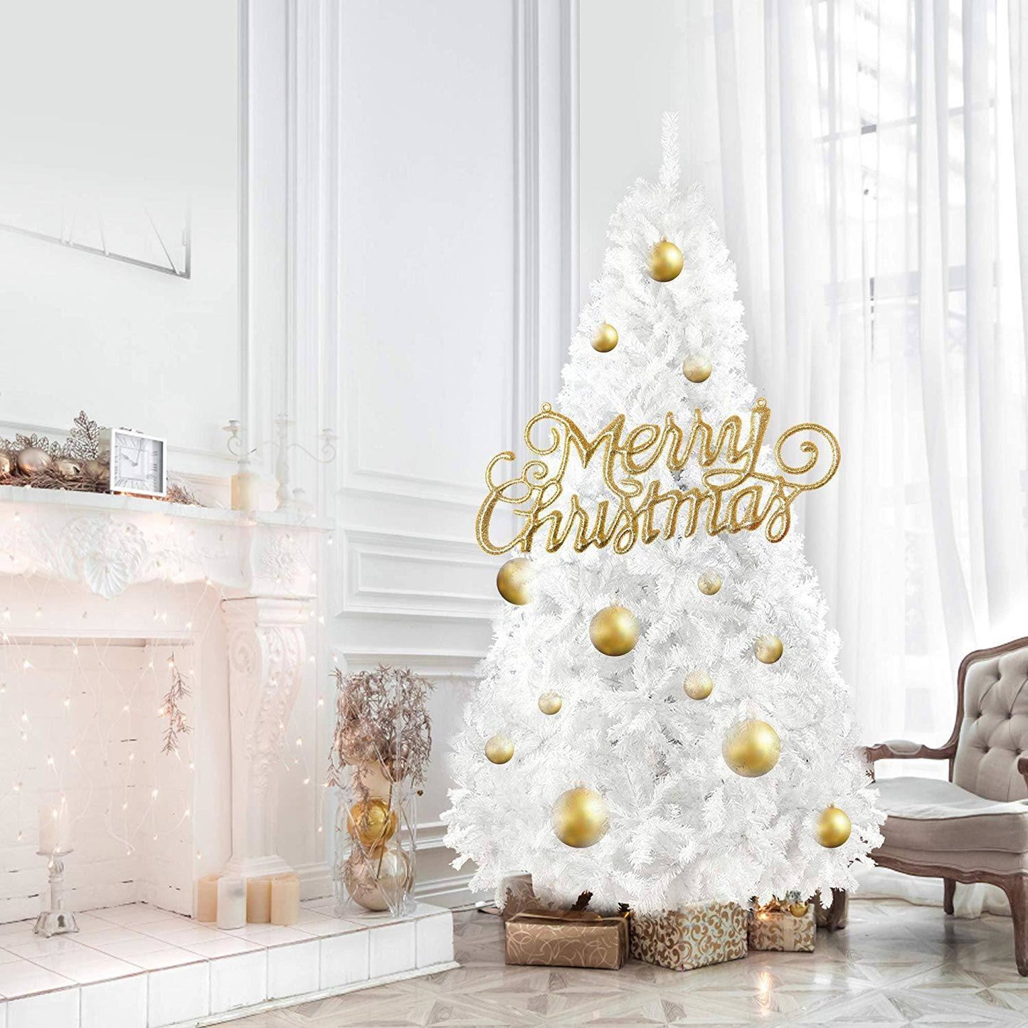 8 Ft High Christmas Tree 1500 Tips Decorate Pine Tree W/ Metal Legs;  White