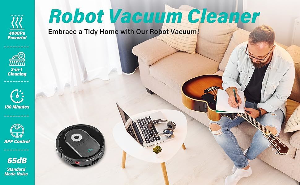 Robot Vacuum and Mop Combo, 4000pa Automatic Vacuum Cleaner Robot with Watertank and Dustbin, Self-Charging Smart Vacuum Robot Compatible with APP, Perfect for Pet Hair, Hard-Floor and Carpet