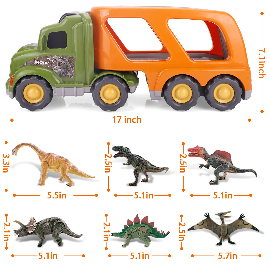 Toy Dinosaur for 2 3 4 Years Old Boys and Girls;  Car Transport Truck with Sound and Light;  6 Pack of 5'' Dinosaur Toys;  Educational Realistic Dinosaur Play Set