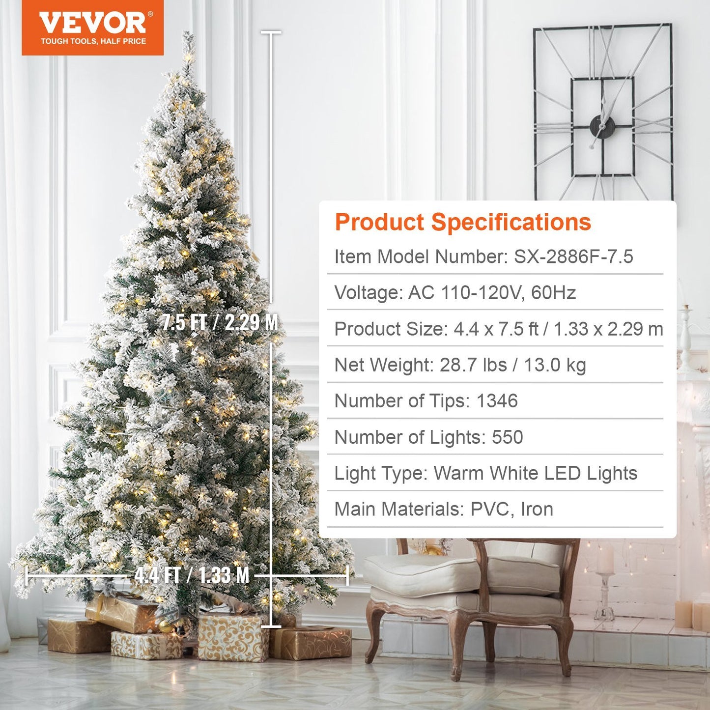 VEVOR Christmas Tree, Full Holiday Xmas Tree with LED Lights, Metal Base for Home Party Office Decoration