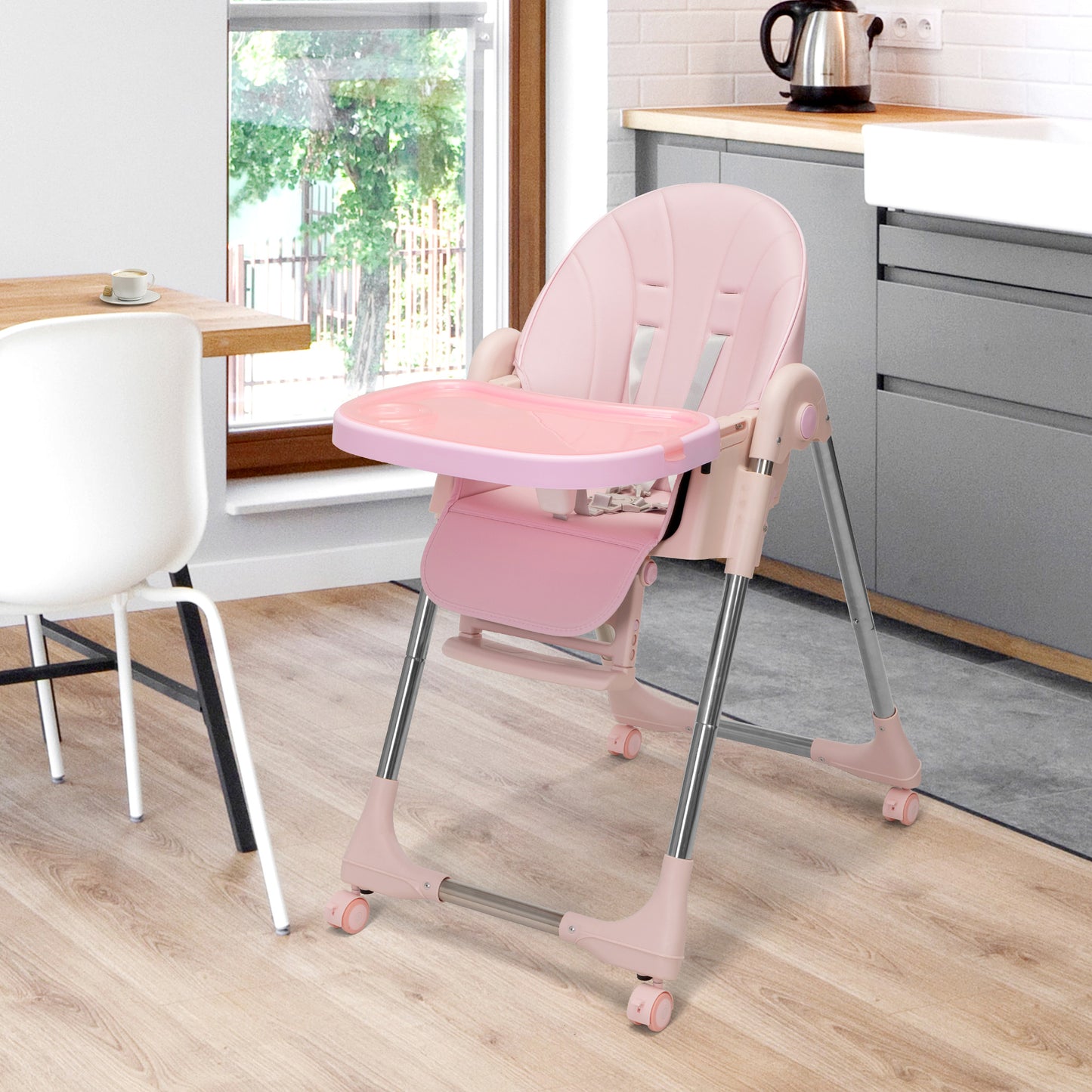 Convertible High Chair on Wheels with Removable Tray;  Height and Angle Adjustment for Baby And Toddler