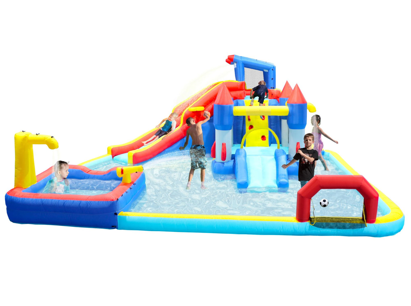7 in1 Inflatable slide water park trampoline bouncing house yard garden with splash pool & water gun & basketball & climbing wall & dual pools & soccer