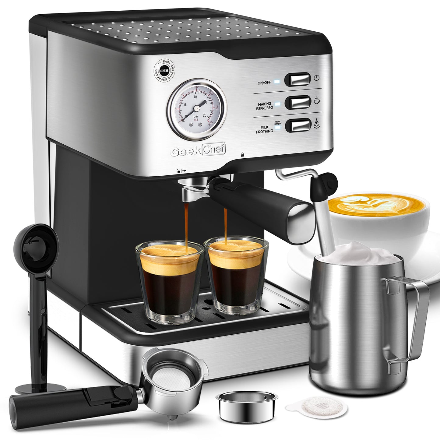 Geek Chef Espresso Machine;  Espresso and Cappuccino latte Maker 20 Bar Pump Coffee Machine Compatible with ESE POD filter&Milk Frother Steam Wand;  for Home Barista;  950W;  1.5L Water Tank