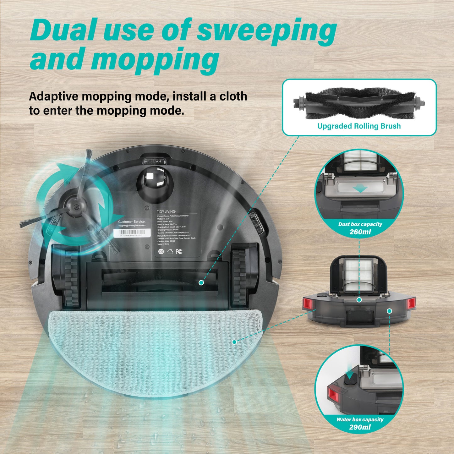 Robot Vacuum and Mop Combo, 4000pa Automatic Vacuum Cleaner Robot with Watertank and Dustbin, Self-Charging Smart Vacuum Robot Compatible with APP, Perfect for Pet Hair, Hard-Floor and Carpet